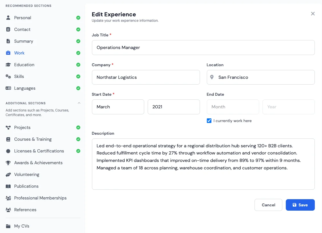 Work experience section in an online resume builder