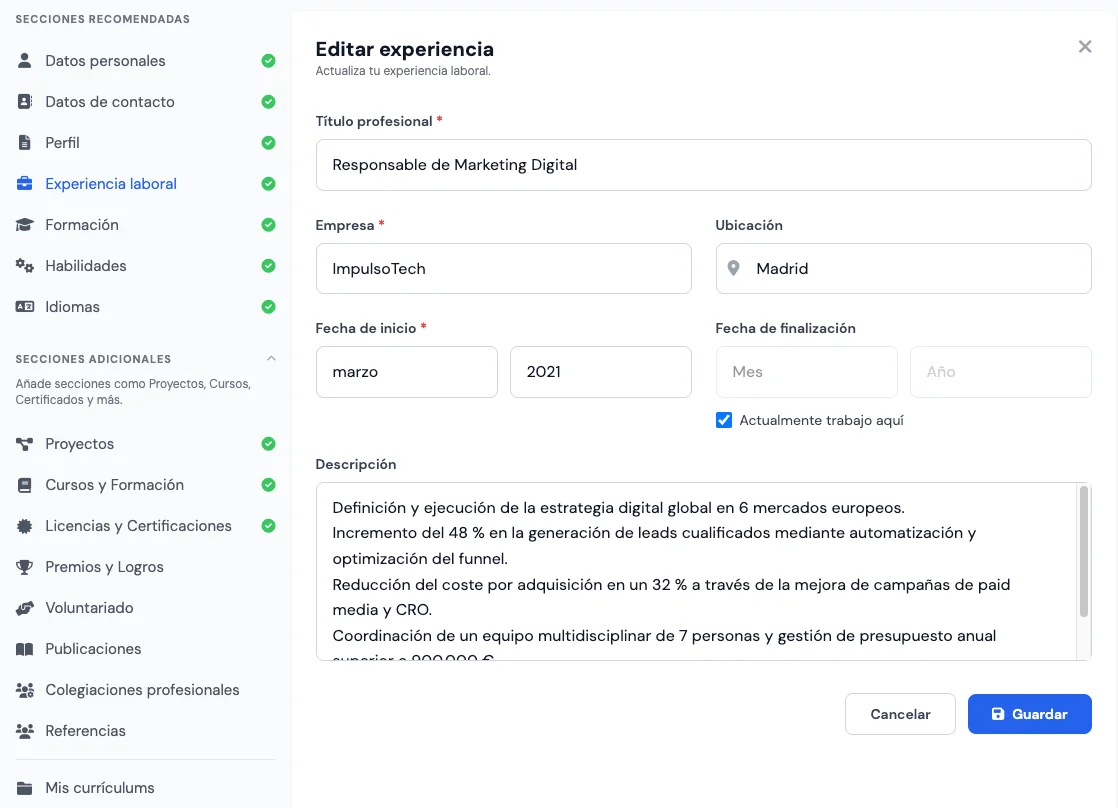 Sección experiencia laboral en el creador de currículum vitae online