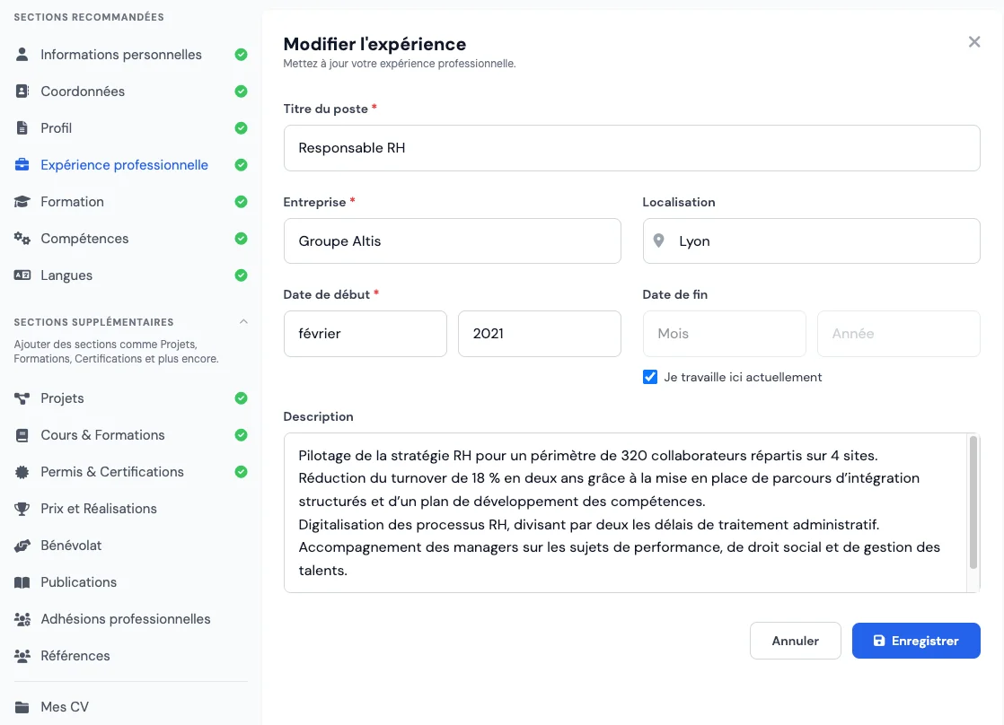 Rubrique expérience professionnelle dans un créateur de CV en ligne