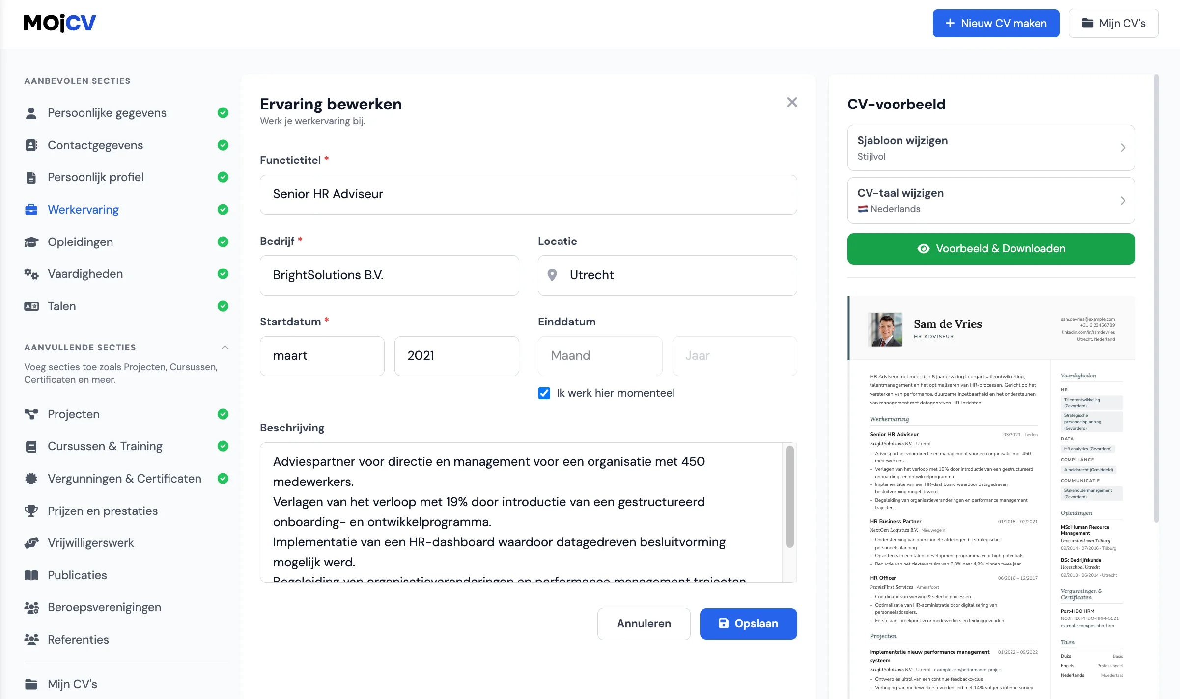 Werkervaring en vaardigheden invullen in de MojCV cv-bouwer