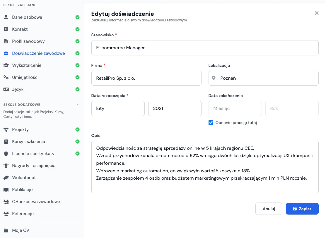 Sekcja doświadczenie zawodowe w kreatorze CV online
