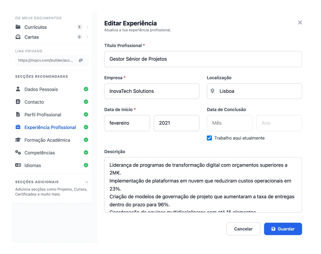 A secção Experiência Profissional no criador de CV online