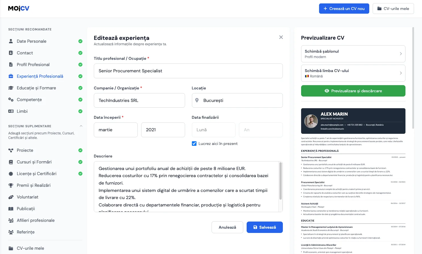 Completarea experienței profesionale și a abilităților în creatorul de CV MojCV