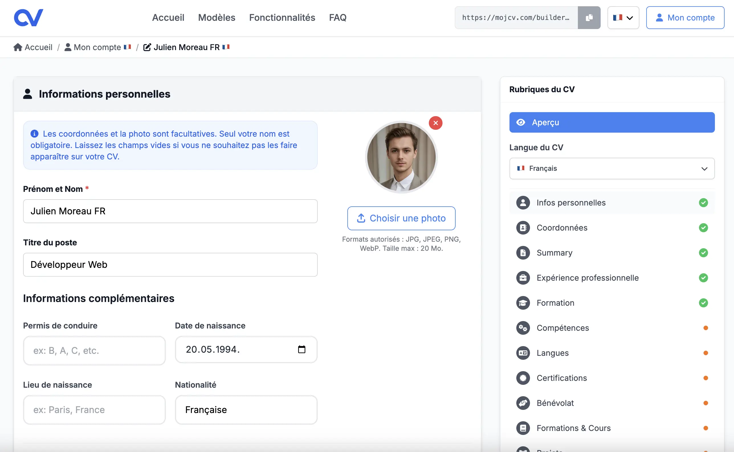 Exemple en-tête CV informations personnelles