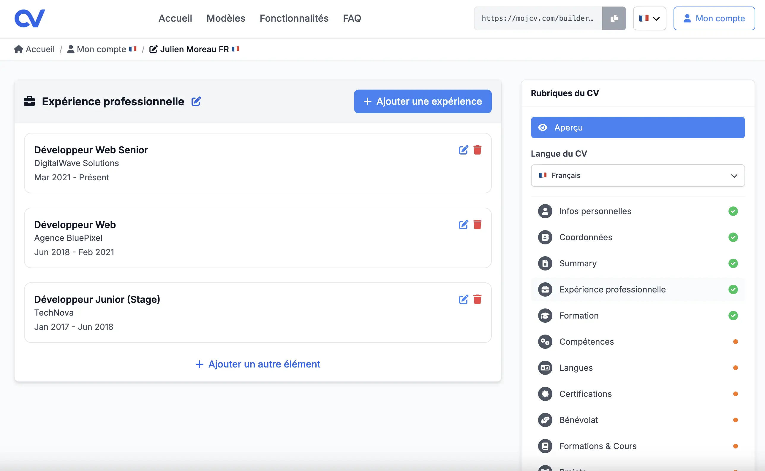 Interface ajout expérience professionnelle